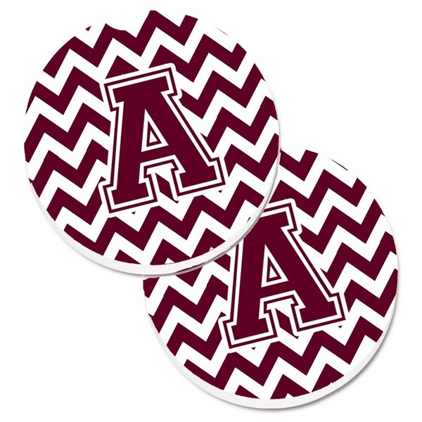 Carolines Treasures Letter A Chevron Maroon and White Set of 2 Cup Holder Car Coaster CJ1051-ACARC - main